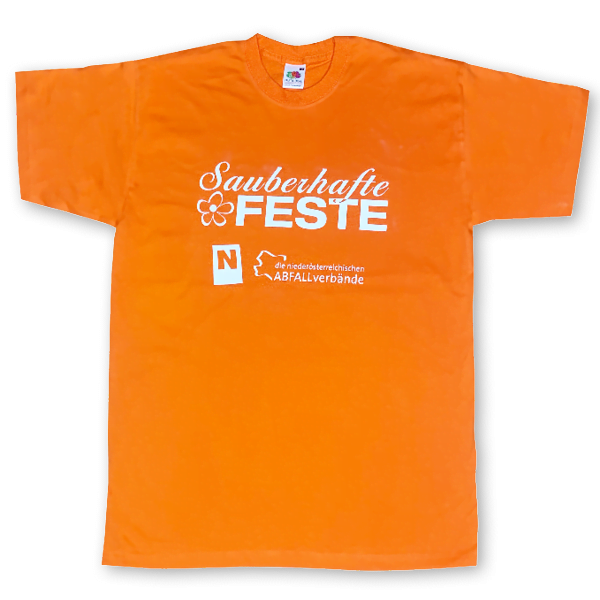 oranges T-Shirt mit weißem Aufdruck der Logos von Sauberhafte Feste, dem Land Niederösterreich und den niederösterreichischen Abfallverbänden